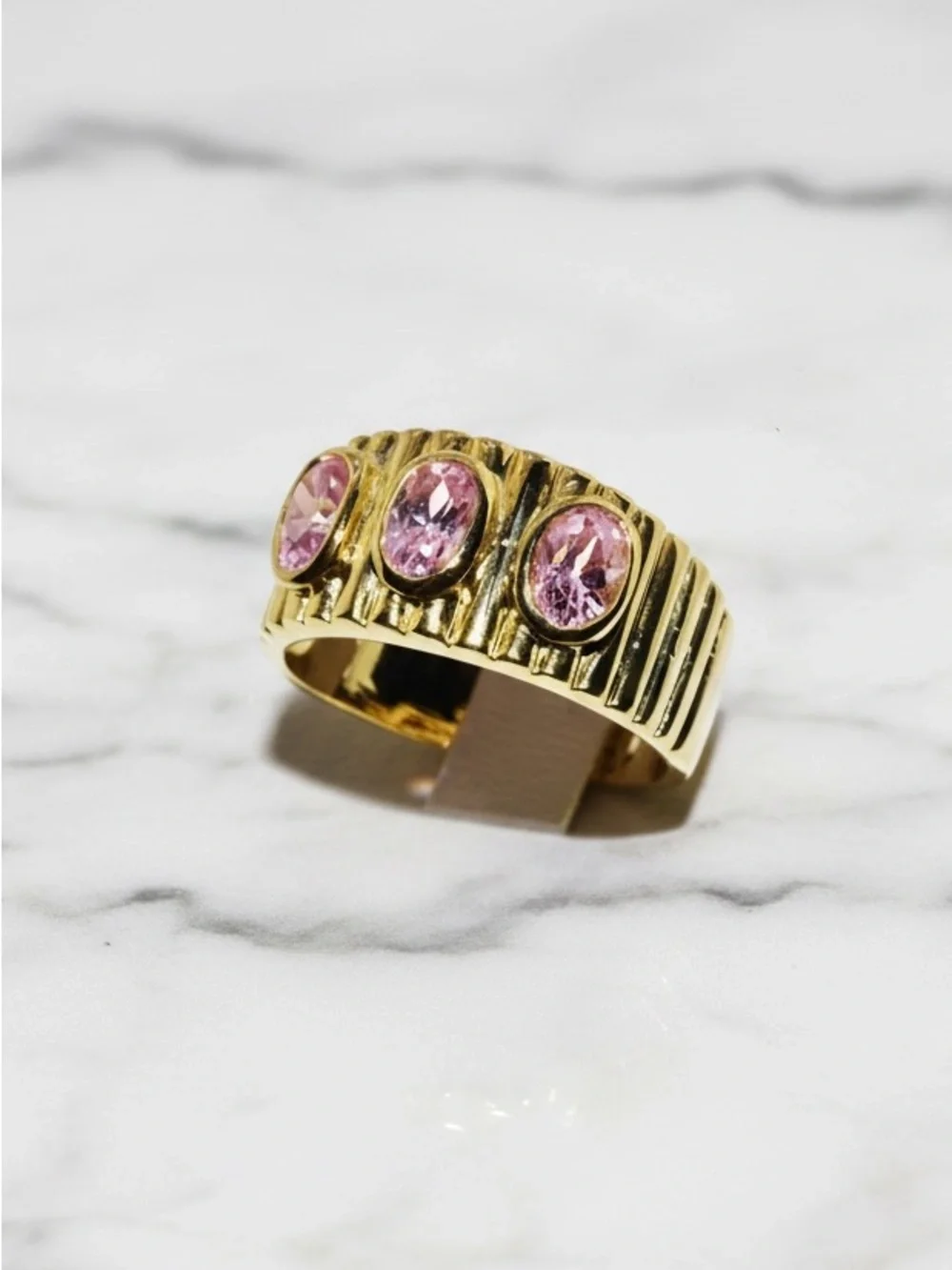 Pink Lab Sapphire 3 Stone Ring Gold Plated Sterling Silver Oval Cocktail Sz 8